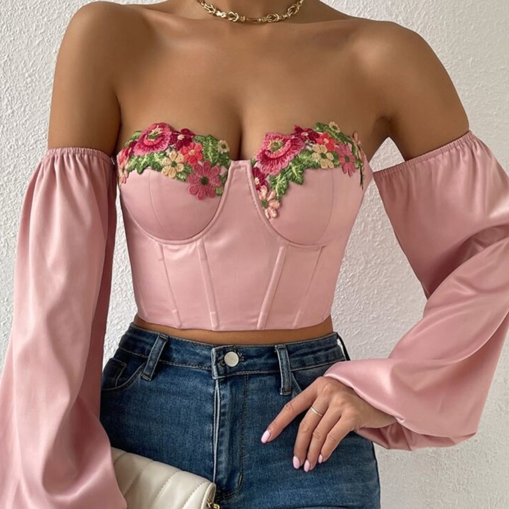 Floral Embroidered Pink Crop Top